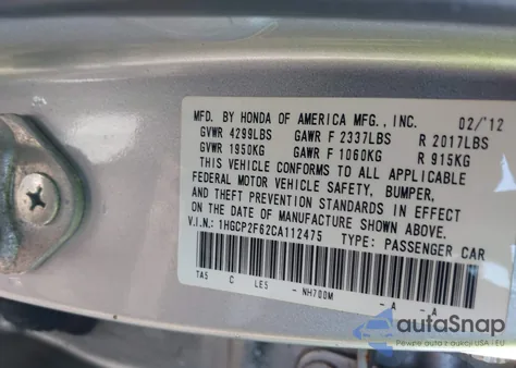 2012 Honda Accord 2.4 Se from USA, damaged, VIN 1HGCP2F62CA112475